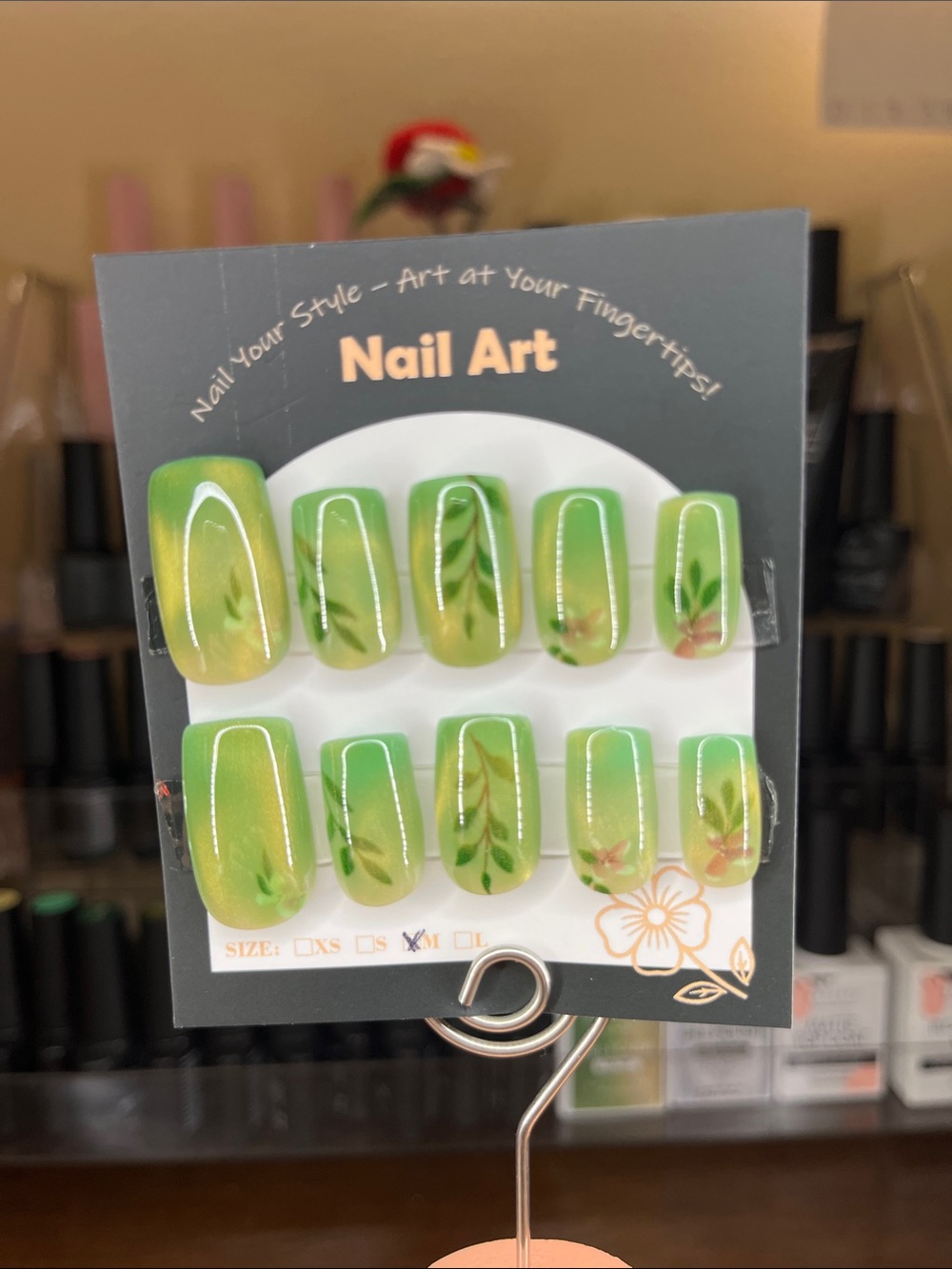 Press-On Nail Set Cat eye Green Gradient with Leaf Art size medium square